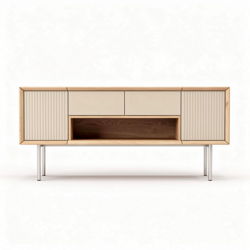 Wooden media console with storage drawers 150 x 40 x 60cm in cream and oak finish