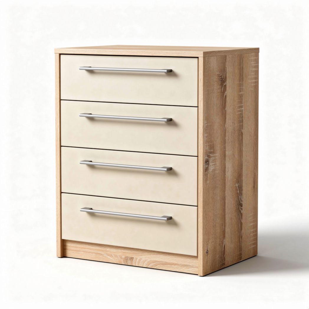 Wooden dresser with four drawers in natural finish and beige fronts 45 x 40 x 70cm