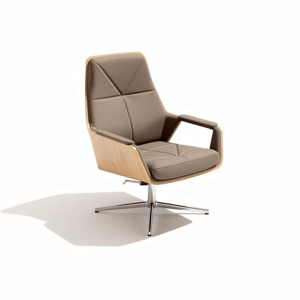 Contemporary upholstered lounge chair with wooden base and chrome legs