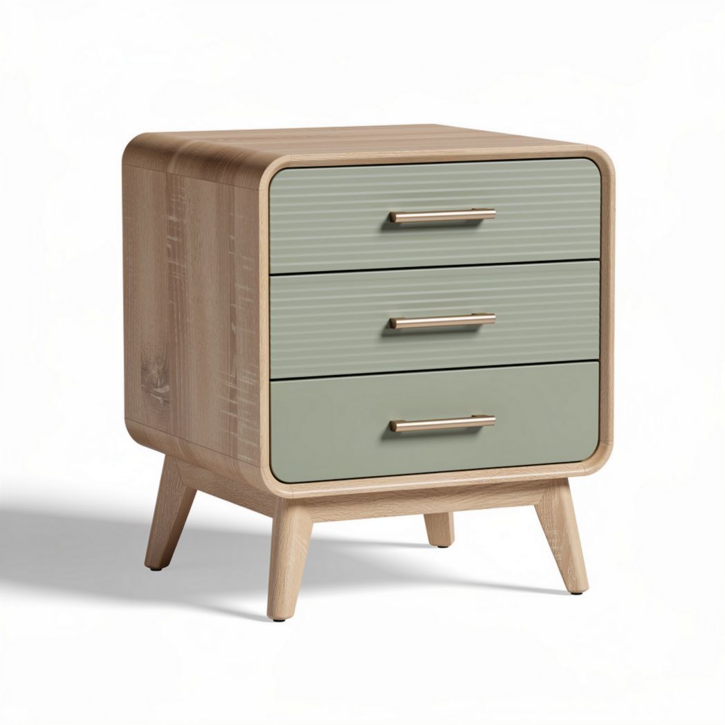 Wooden nightstand with three drawers and green accents 40 x 40 x 50cm
