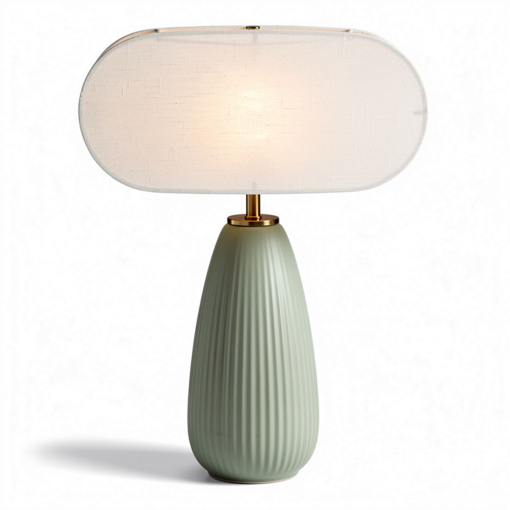 Ceramic table lamp in green with linen shade and 30 x 15 x 45cm dimensions