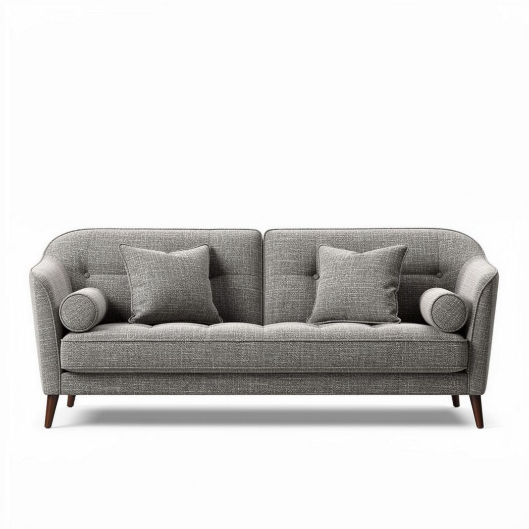 Gray upholstered sofa with two round cushions and wooden legs 180 x 90 x 80cm