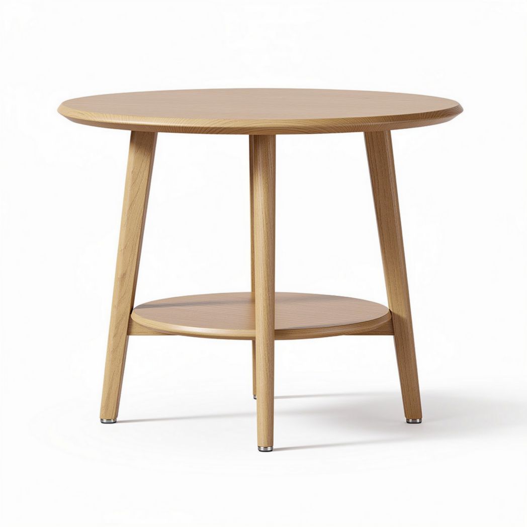 Round wooden side table with lower shelf and tapered legs 60 x 60 x 55cm
