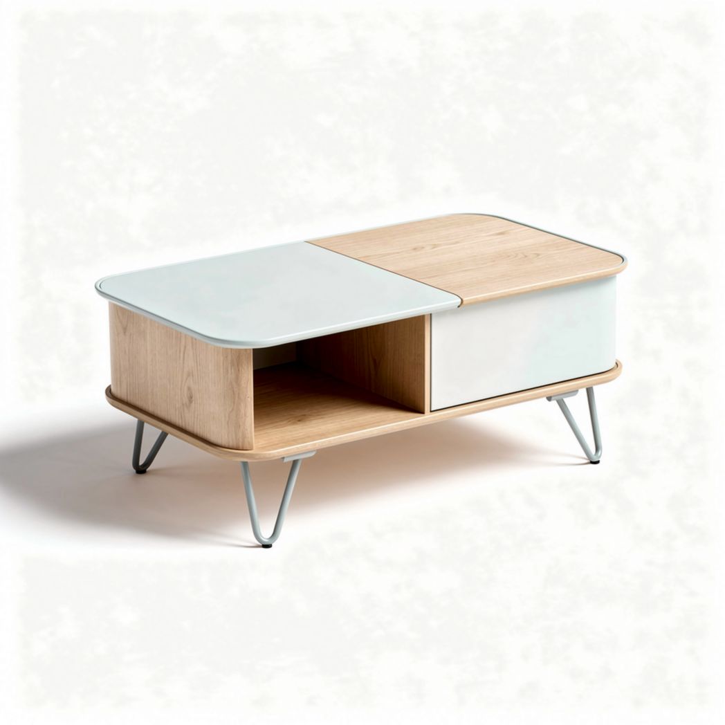 Modern coffee table with oak finish and white sliding drawer 100 x 50 x 40cm